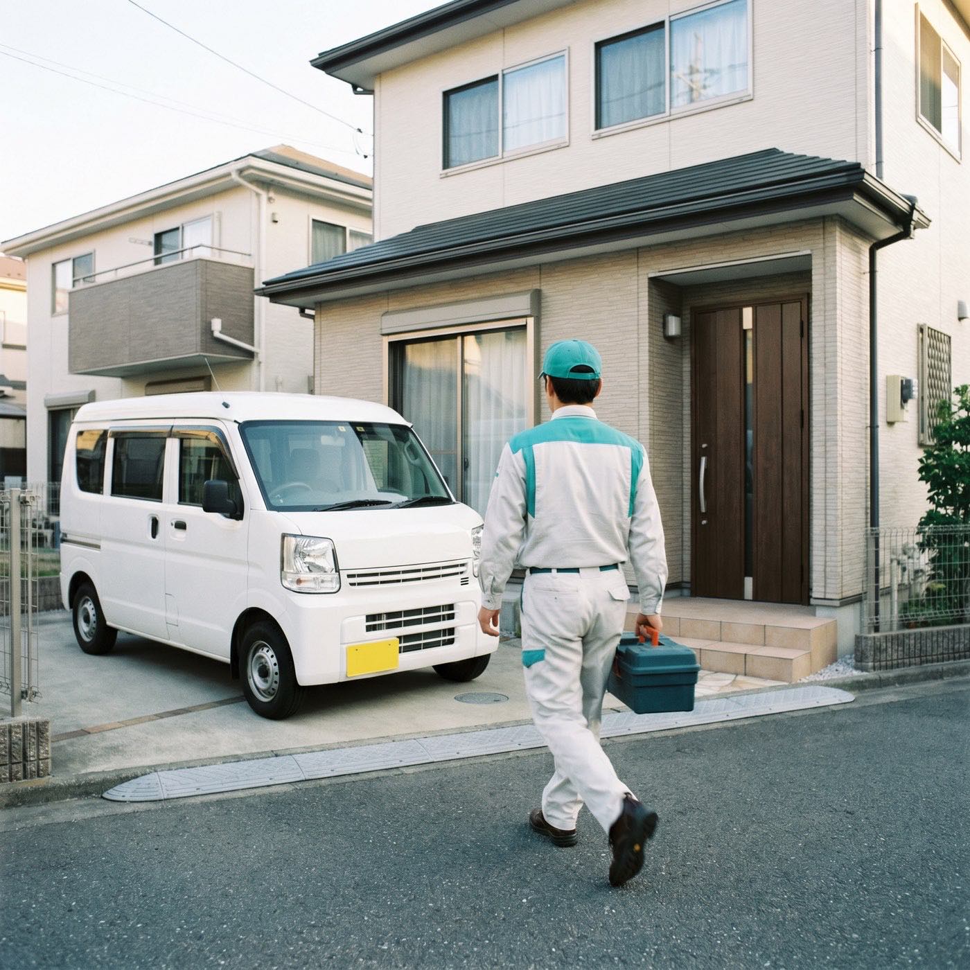 お客さま宅へ駆けつける東名水道サービスの作業車とスタッフ